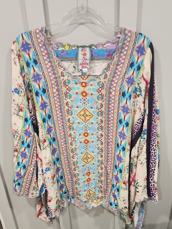 Johnny Was Tops - Johnny Was Cream, Blue & Purple Printed Long Sleeve Boho Top